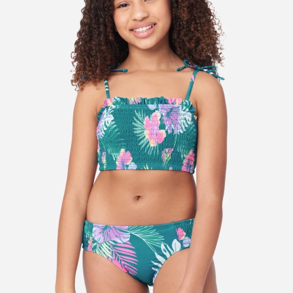 Girls Size 7/8 (Small)Two-Piece Swimsuit Bikini, Pretty Teal Green and Pink.